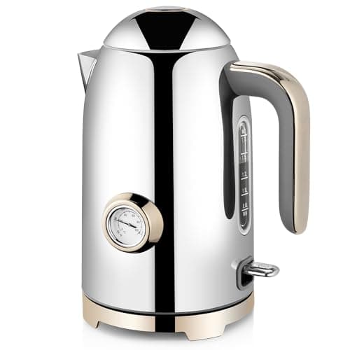 SUSTEAS Electric Kettle - 57oz Hot Tea Water Boiler with Thermometer, 1500W Fast Heating Stainless Steel Pot, Cordless LED Indicator, Auto Shut-Off & Boil Dry Protection, Silver