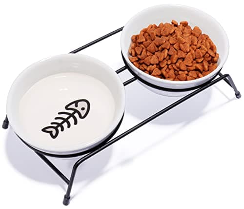 Anti-Vomiting Raised Cat Bowls - 2 × 13 oz Ceramic Cat Food & Water Bowls with Non-Slip Stainless Steel Stand, Dishwasher Safe for Indoor Cats