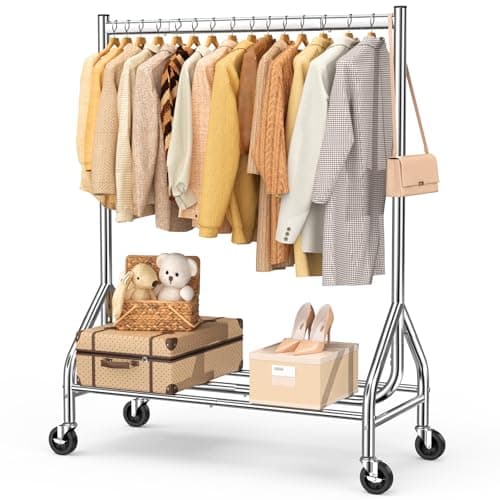 EAGMAK Heavy Duty Clothes Rack Load 420 LBS, Rolling Garment Rack with Lockable Wheels, Standing Metal Clothing Rack with Shelves, Portable Wardrobe Sturdy Coat Rack for Hanging Clothes (Silver)