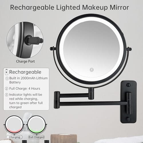 JANEEVA 8" Wall Mounted Lighted Makeup Mirror,Rechargeable Double Sided 1X/10X Magnifying Mirror with 3 Color Lights,Touch Dimmable Bathroom Vanity Mirror with 360°Swivel Extendable Arm Matte Black 6