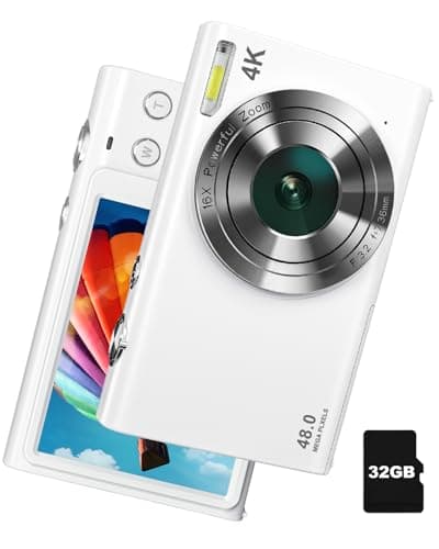 Digital Camera, 4K Autofocus Vlogging Camera with Flash, 48MP Point and Shoot Digital Camera with 16X Zoom, Anti-Shake, 32GB Card, Portable Compact Camera for Teens Adult Beginner(White)