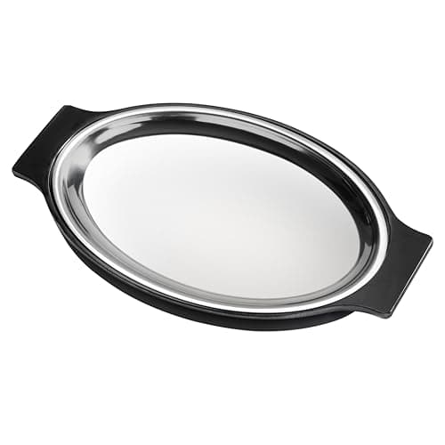 New Star Foodservice 26733 Oval Stainless Steel Sizzling Platter with Insulated Holder, 11.63" x 8", Black