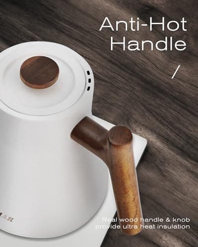 POLIVIAR Electric Gooseneck Kettle, 1200W Electric Tea Kettle Real Wood Handle, 34oz Pour Over Electric Kettle for Coffee & Tea, 18/8 Stainless Steel Inner, Temperature Control & Rapid Heating 5