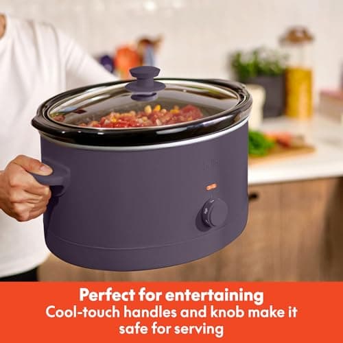bella 6.0 Qt Manual Slow Cooker, Ceramic Nonstick Coating, 3 Temperature Settings, Dishwasher Safe Stoneware Pot and Tempered Glass Lid, Cool Touch Handles & Tangle Free Cord Wrap, Plum 6