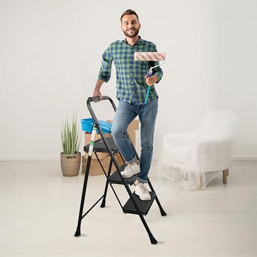 Step Ladder, Folding Step Stool with Wide Anti-Slip Pedals, Sturdy Steel Ladder with Handrail, Space-Saving, Portable for Home & Adults, 3 Step Ladder 8
