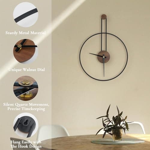 DRELIFAM Modern Wall Clock Large Wall Clocks with Walnut Dial Silent Non-Ticking for Living Room Home Decor Bedroom Kitchen Office 17.8''× 24.4'' (Black, Medium) 5