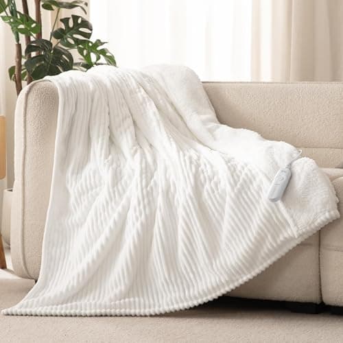 Reaks Electric Heated Throw Blanket, Silky Soft Flannel & Sherpa Heating Blanket Throw with 5 Heat Levels & 3 Hours Auto Off, Warm Gifts for Women Mom Grandma, ETL Certified (50x60 inches, White)