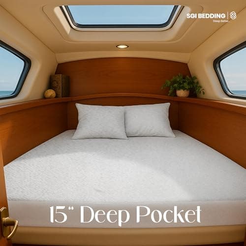 SGI Bedding Waterproof V Berth Mattress Protector 88" Head x 82” Length x 20"Foot – 15" Deep Pocket, 360° Fitted Style Mattress Pad Cover, Soft Noiseless & Breathable Cover for Boat – White 8