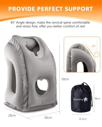 Sunany Travel Pillow, Inflatable Neck Pillow Used for Airplanes/Cars/Buses/Trains/Office Napping with Eye Mask/Earplugs (Gray) 5