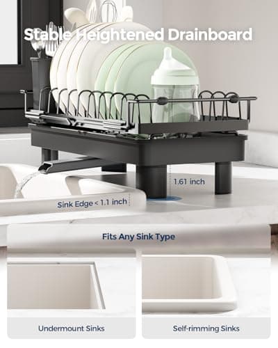 Nacial 2-in-1 Small Dish Drying Rack Fits 14''–21.8'' Sink, Dish Drainers for Kitchen Counter Extend Kitchen Sink Drain Basket with Utensil Holder & Auto-Drain Tray, Stainless Steel Plate Rack, Black 8