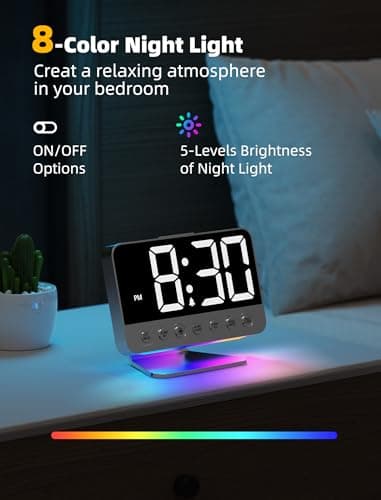 Odokee Digital Alarm Clocks for Bedrooms: Large Bold Number 5 Brightness Dimmer - Easy to Read Across The Room - 5 Alarm Sound 8 Night Light - Silver 5