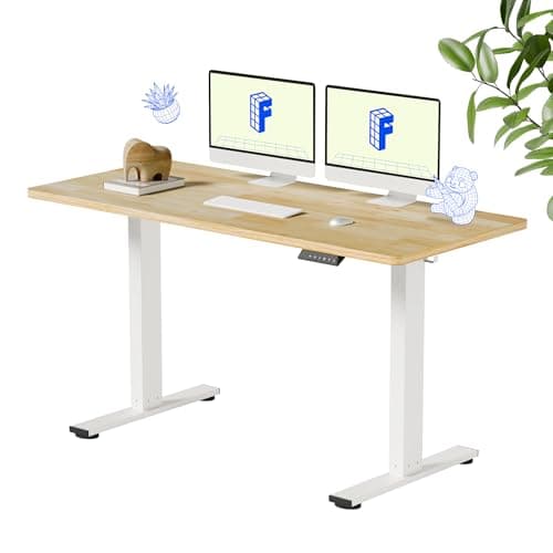 FLEXISPOT EN1 One-Piece Solid Wooden Standing Desk 55 x 24 Inches Height Adjustable Electric Sit Stand Home Office Desks (White Frame + Rubber Wood Top, 2 Packages)