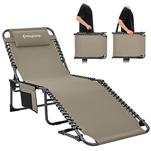 KingCamp Lounge Chair Outdoor, Folding Portable Tanning Chairs Comfy Adjustable 5-Position Lay Flat Foldable Chaise Chaser Lounger with Pillow for Outside Beach Patio Sun bathing Backyard Pool, Beige