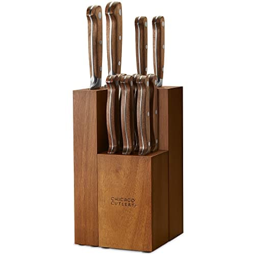 Chicago Cutlery Racine 12-PC Kitchen Knife Wood Block Set, Stainless Steel Knife Block Set, Steak Knives, Serrated, Chef, Utility, and Paring Knife, Removable Steak Knife Block, Walnut Handle