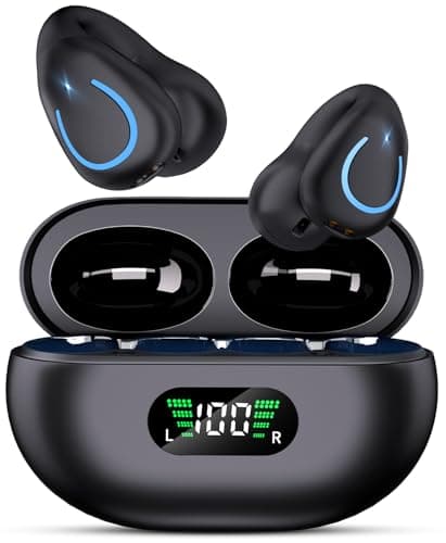 Open Ear Clip On Earbuds Wireless Bluetooth 5.3 Headphones with LED Digital Display Charging Case Button Control Bone Conduction Sport Earphones Built-in Mic IPX7 Waterproof for Running Fitness,Black
