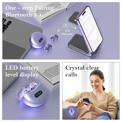 EarAccord Clip on Ear Buds, Open Ear Clip Bluetooth 5.4 Headphones, Designed for Small Ears & Glasses, Women's 4.2g Ultra-Light OWS Earring Earbuds, Secure-Fit & All-Day Wear for Workout, Yoga Purple 6