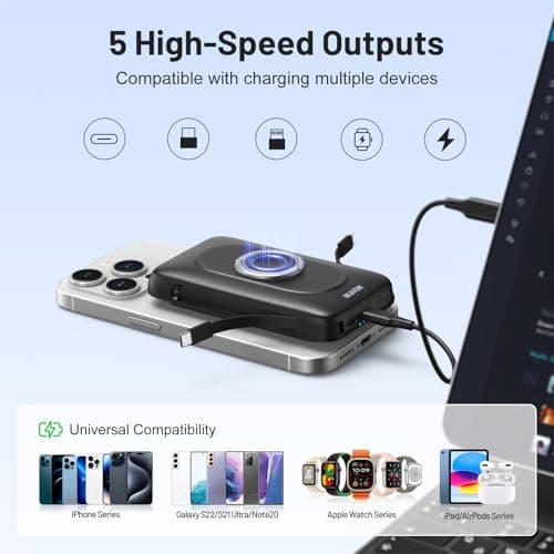 BLAVOR for Magsafe Portable Charger with Built-in Cables, 10000mAh Wireless Magnetic Power Bank with Stand, USB C 20W PD Fast Charging Travel Battery Pack for iPhone 17/16/15/14/13/12 and Apple Watch 7