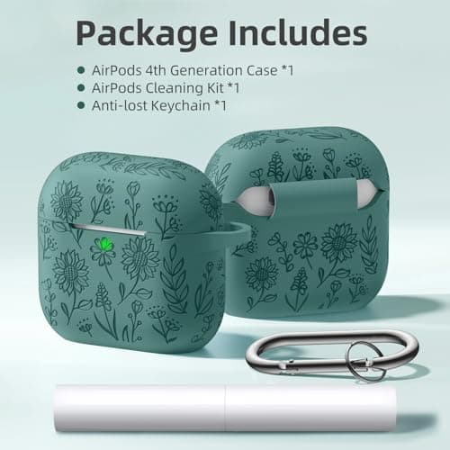 for Airpods 4 Case, DaQin Flower Engraved Case Compatible with Apple Airpods 4th Generation Cases for Women, Cute Soft Silicone Full Protective Cases Cover with Cleaner Kit & Keychain, PineGreen 6
