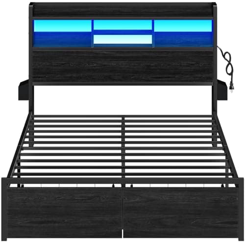 Furnulem Full Size Bed Frame with Wood Headboard, Metal Platform Bed Frame Full Size with 2 Storage Drawers and Shelf, LED Lights and Charging Station, No Box Spring Needed, Noise Free, Black 9