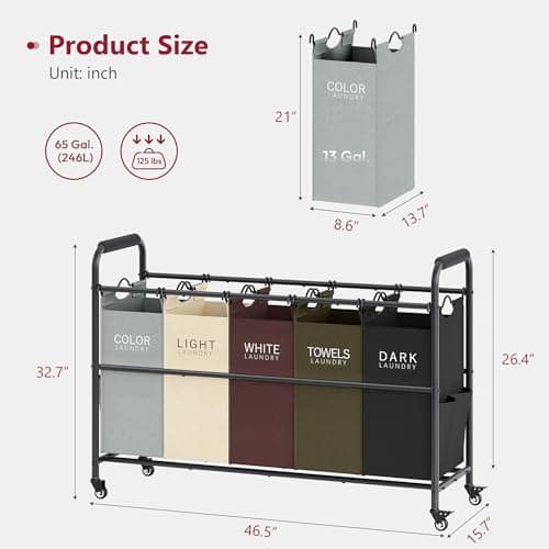 Tajsoon 5 Bag Laundry Sorter Cart, Laundry Hamper Sorter Basket with Heavy Duty Lockable Rolling Wheels for Clothes Storage, 5 Colors 6