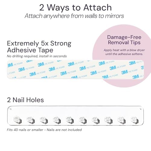 Boxy Concepts Wall-Mount Necklace Organizer - 2-Pack 10.5 x 1.5 in Clear - 10 Diamond Hooks Create Wall Jewelry Rack - Jewelry Organizer for Women & Key Storage 5