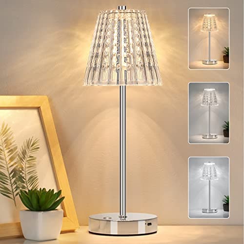 Dimmable Crystal Table Lamp, 3 Color (2700K/4000K/6000K) Adjustable, Battery Operated Wireless LED Desk Lamp, Classic Portable Night Light for Camping, Restanrant, Dinner, Indoor, Outdoor (Silver)
