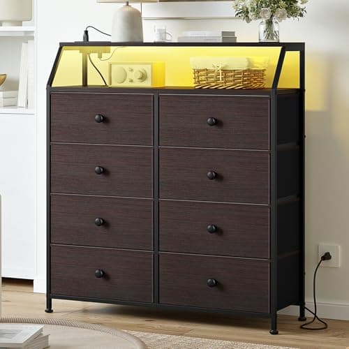 REAHOME Dresser for Bedroom with Charging Station and LED Lights, Brown Tall Chest of Drawers with Shelf, 2Pcs Wooden Top, Large Storage Organizer Unit for Closet, Living Room, Entryway