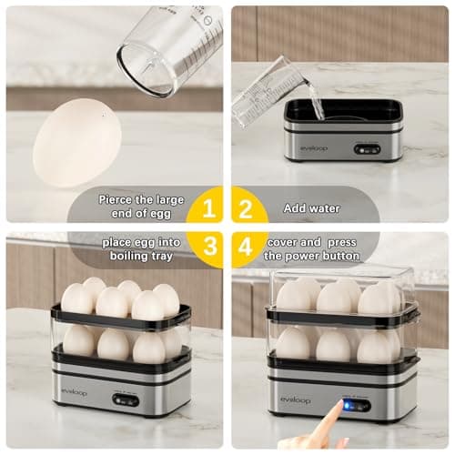 Evoloop Rapid Egg Cooker Electric 12 Eggs Capacity, Soft, Medium, Hard Boiled, Poached, Omelet Maker Egg Poacher & Vegetable Steamer, BPA Free Tray 6