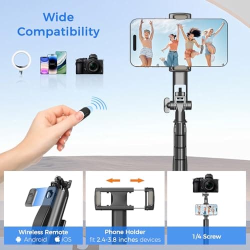 Selfie Stick Travel Tripod for Cell Phone with Remote Control and Phone Holder, Extendable Selfie Stick for iPhone, iPhone Tripod for Video Recording, 72 Inch, Black 6