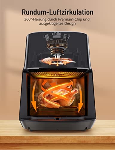 PARIS RHÔNE hot air fryer 4L XL with viewing window, 8-in-1 airfryer dishwasher safe with one-touch operation, non-stick coated basket & removable tray 5