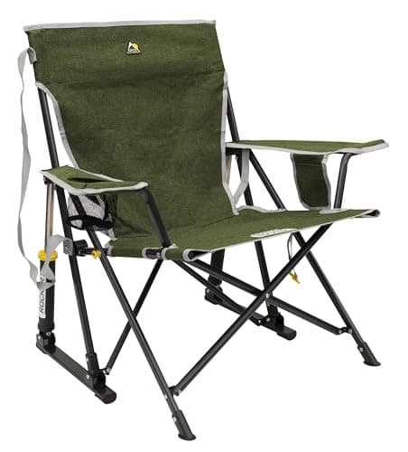 GCI Outdoor Kickback Rocker Camping Chair | Portable Folding Rocking Chair with Durable Armrests, Drink Holder & Relaxed Lowered Seat for Comfort — Loden Green
