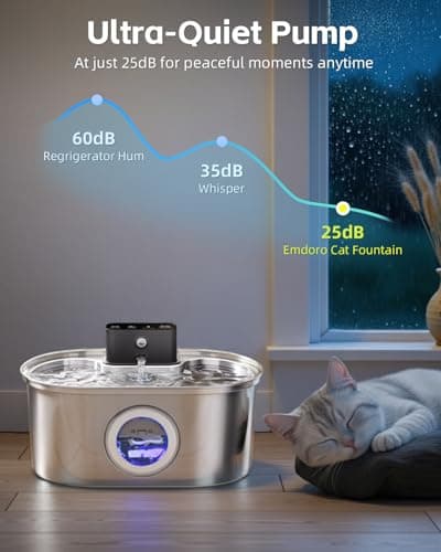 Cat Water Fountain Wireless - Stainless Steel 3.2L/108oz Cordless Pet Fountain - Battery Operated Automatic Water Dispenser for Cats Indoor, with Motion Sensor & Quiet Pump 7