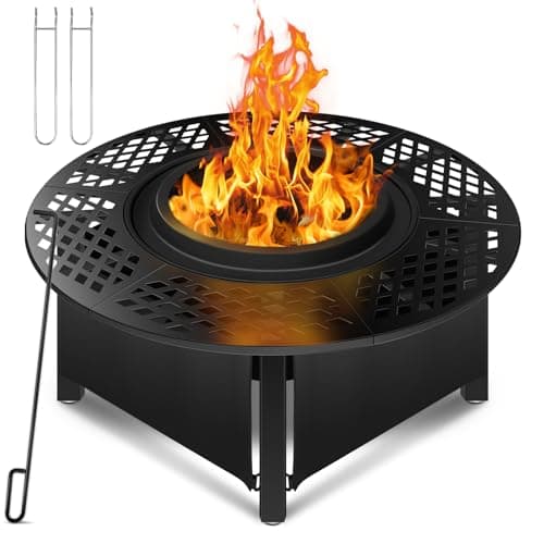 hykolity 40 inch Smokeless Fire Pit Surround Table, 3 in 1 Outdoor Fire Pit with Side Table& Grill.Fueled by Pellets or Wood.Outdoor Smokeless FirePit with Stove,for Patio, Backyard, Camping
