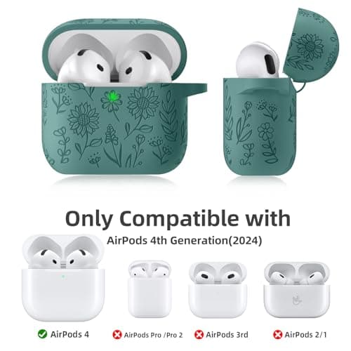 for Airpods 4 Case, DaQin Flower Engraved Case Compatible with Apple Airpods 4th Generation Cases for Women, Cute Soft Silicone Full Protective Cases Cover with Cleaner Kit & Keychain, PineGreen 5