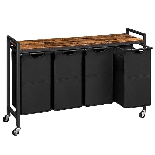 HOOBRO Laundry Sorter 4 Sections, Laundry Hamper with Wheels, 4 × 10.5 Gal (40 L), Rolling Laundry Basket, Pull-Out and Removable Oxford Fabric Bags, Rustic Brown and Black BF04XY01