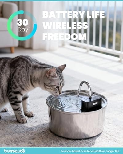 Wireless Cat Water Fountain - 108oz/3.2L Automatic Cat Water Fountain Cordless, Stainless Steel Battery Operated Pet Fountain Rechargeable Water Dispenser for Cats, Dogs, Multiple Pets 5