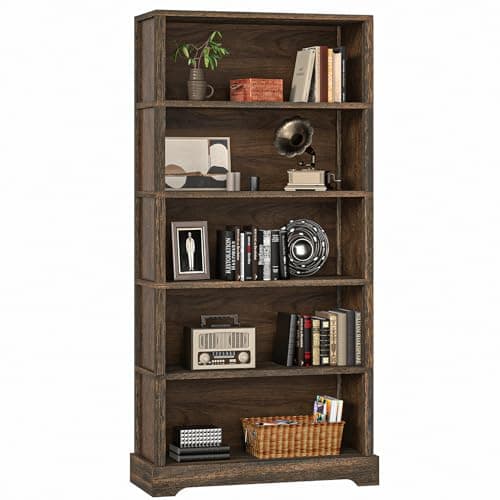 TVU 5-Tier Solid Wood Book Shelf, Floor Standing Bookcase, 65" H × 31.5" W × 11.8" D Bookshelf, Farmhouse Style Book Case with Arched Base, Suitable for Living Room, Study, Office, Rustic Brown