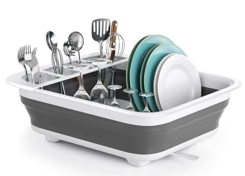 THANSTAR Collapsible Dish Drying Rack for RV Kitchen, Foldable Drainer Organizer for Kitchen Countertop, Space Saving Portable Dish Rack for Campers, Travel Trailer & Small Spaces, Easy Storage, Grey