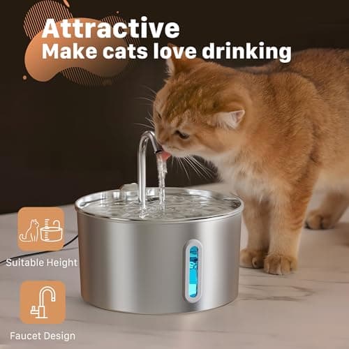 Cat Water Fountain Stainless Steel: 2.2 L Cat Fountain for Drinking - Automatic Pet Water Fountain for Cats Inside - Metal Cat Dog Water Dispenser Bowl with Faucet Water Level Window Ultra Quiet Pump 7