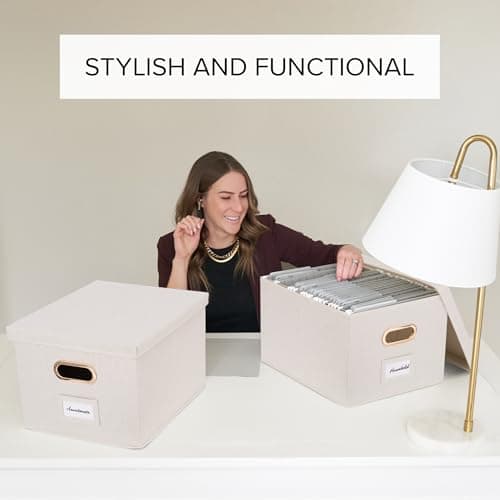 ZICOTO Decorative File Organizer Box Set of 2 - Collapsible Linen Filing Cabinets w/Handles Are Perfect to Store all Your Documents & Hanging File Folders - Portable Easy Slide Crates with Lid 7