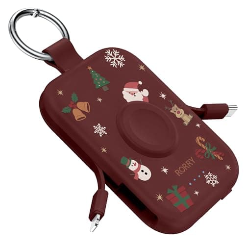 RORRY Portable Charger, 5000mAh Portable Charger Power Bank with Built-in Cables, Travel Keychain Battery Pack for Apple Watch Ultra/11/10/9/8/7/6/SE, iPhone Air/17/16/15/14/13/12, Christmas Red