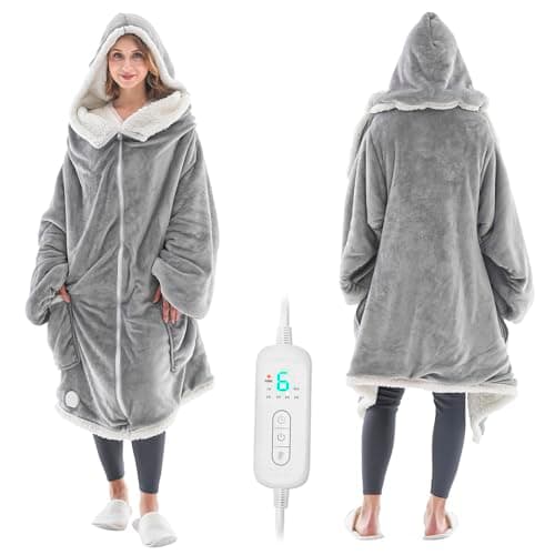 Wearable Heated Blanket with Zipper Design, Electric Wearable Throw Blanket with Sleeves, Hood, Heated Hoodie Blanket, Wearable Electric Blanket with 8 Heating Levels, 1-10H Auto-off Settings, 43*60"