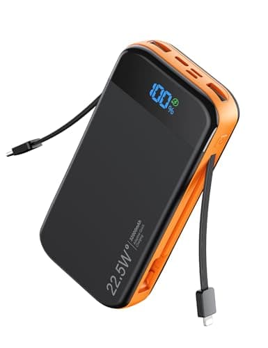 LENGSUM Portable Charger Power Bank Built-in Cables, 32000mAh 22.5W USB C Fast Charging, 5 Outputs 3 Inputs Travel Essentials Battery Pack Compatible with iPhone, iPad, Samsung, Google Pixel, Orange