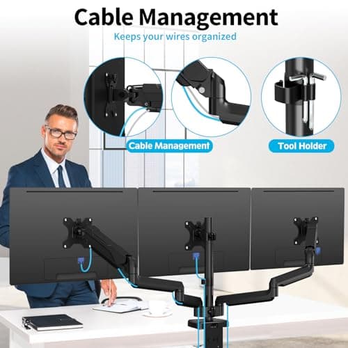 MOUNTUP Triple Monitor Mount for 17-32 inch Screens, Full Motion Triple Monitor Stand, 3 Monitors Desk Mount Holds 4.4-19.8 lbs Each, Clamp & Grommet Mounting, Black 7