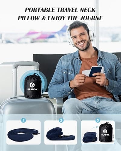 Patented Design Inflatable Travel Neck Pillow – Airplane Neck Pillow with 360° Head & Neck Support, Soft Washable Velvet Cover, Compact Neck Support Pillow for Airplane,Train,Car,Office & Home (Blue) 7