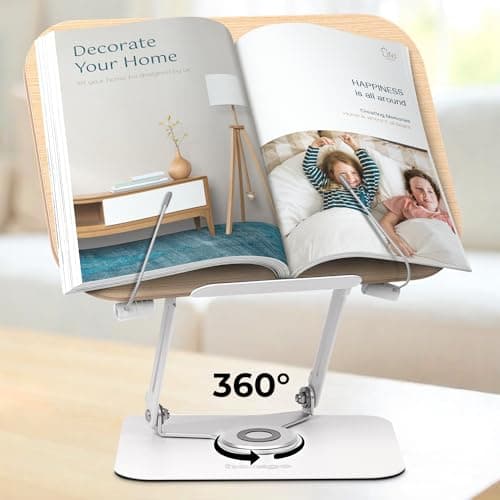 Book Stand for Reading - Adjustable Book Holder with 360° Rotating Base, Ergonomic Design for Extended Reading, Foldable and Portable, Necessity for Textbook, Bible, Cookbook, Music Scores, Tablet