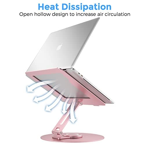 Swivel Laptop Stand for Desk, Adjustable Height Aluminum Computer Stand with 360 Rotating Base, Foldable Ergonomic Riser, Portable Laptop Holder Compatible with MacBook, All Laptops 10-17'', Pink 7