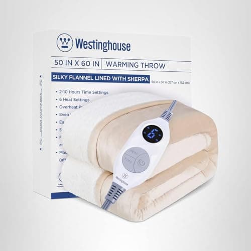 Westinghouse Heated Throw Blanket, Electric Blanket Throw with 6 Heating Levels and 2-10 Hours Time Settings, Flannel to Sherpa Super Cozy Heated Blanket Machine Washable, 50x60 inch, Beige 9