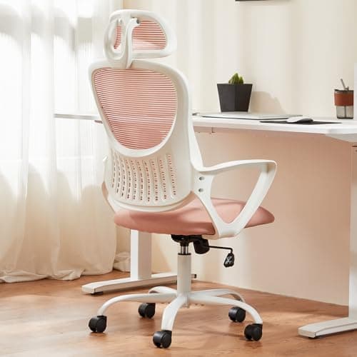 Sweetcrispy Office Computer Desk Chair, Ergonomic High-Back Mesh Rolling Work Chairs with Wheels and Adjustable Headrests, Comfortable Lumbar Support, Comfy Armrest for Home, Bedroom, Study, Pink