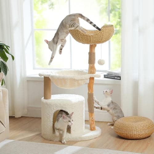 PAWZ Road Modern Cat Tree with Natural Solid Wood Scratching Post, 40 Inches Cat Tower with Spacious Wicker Basket,Large Hammock,Luxury Condo for Indoor Cats 8